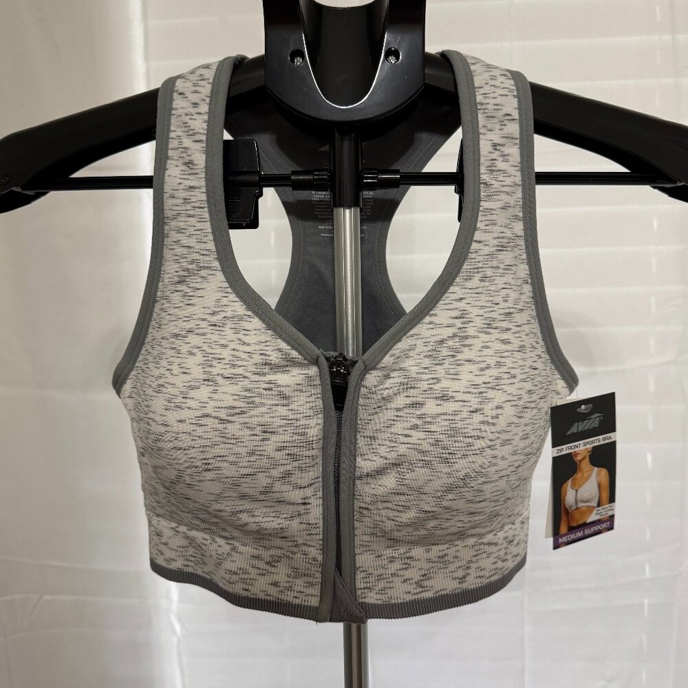 NWT Avia Zip Front Sports Bra Women's Size XL - White With Grey